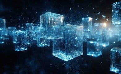 Aufkleber - Futuristic Digital Art of Glowing Transparent Cubes in Deep Blue Space with Geometric Shapes and Dynamic Light Rays