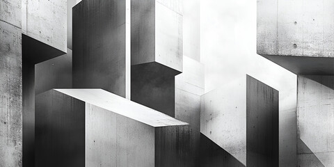 Poster - Concrete Labyrinth: An abstract minimalist photo capturing a symphony of geometric forms in concrete, bathed in soft light, creating a sense of intriguing depth and subtle shadow play.