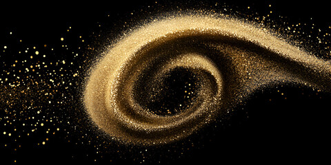 Poster - golden sand swirl: a captivating abstract image showcasing a swirling vortex of golden sand against 