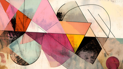 Poster - Abstract Geometric Composition: An interplay of vibrant colors and geometric shapes creates a dynamic and captivating abstract artwork. The composition features overlapping circles, triangles.
