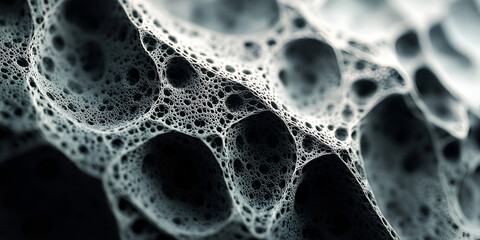 Poster - Abstract Cellular Structure: A close-up, abstract image of a textured surface with intricate, honeycomb-like patterns.  The surface is composed of numerous, interconnected cells or cavities.
