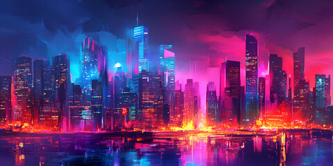 Aufkleber - neon metropolis: a vibrant, stylized cityscape at night, awash in neon lights of pink and blue, refl