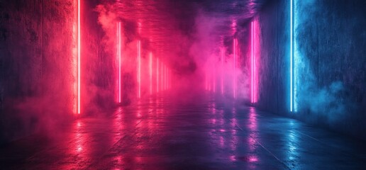 Aufkleber - Futuristic Neon Lines Illuminating Dark Concrete Floor in Angular Cyberpunk Scene