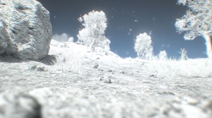 Hillside landscape,  trees, rocks, sunny day, nature scene, background, for website