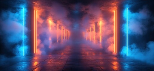 Poster - Futuristic Cyberpunk Room Neon Lights Smoke Grunge Stage 3D Digital Art Abstract Club Corridor Tunnel Illumination Laser Show