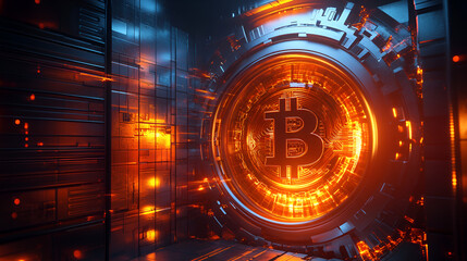 Poster - Bitcoin Vault: A futuristic digital vault with glowing, neon-like energy emanating from its core, showcasing the secure and powerful nature of bitcoin.