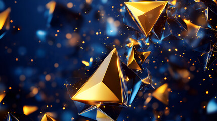 Poster - golden geometry abstract: shimmering,faceted gold and blue pyramids float amidst a dark blue backdro