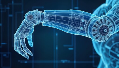 Poster - Futuristic robotic arm design. Detailed blueprint displays complex tech. Advanced mechanical construction features intricate joints, articulated fingers. Modern engineering tech. Cybernetic arm
