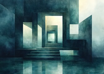 Poster - Abstract Background of Geometric Shapes in Soft Pastel Blue and Green with Textured Triangle and Fun Modern Design