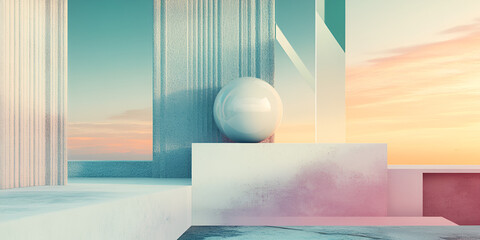 Poster - Pastel Dreamscape: A serene digital rendering of geometric forms and a large sphere, bathed in soft pastel hues against a backdrop of a tranquil sunset.