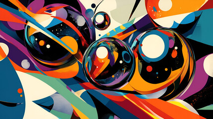 Poster - Abstract Orb Symphony: A vibrant explosion of color and dynamic shapes, featuring glossy orbs and swirling lines in a bold, modern abstract composition.