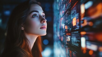 Poster - Portrait of a woman in a tech-inspired setting with modern lighting and refined details, capturing the ambiance perfectly