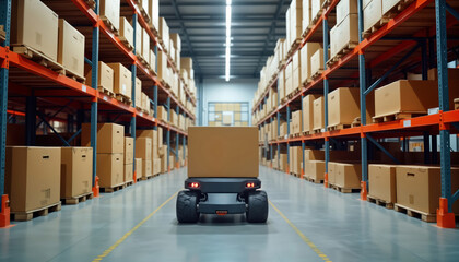 Poster - Automated robotic cart transports large cardboard box inside spacious warehouse. Organized shelves hold many similar boxes. Modern logistic system automation in warehousing. Efficient workflow