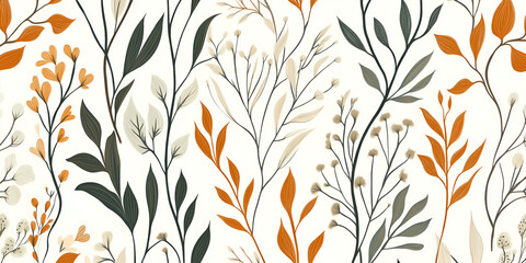 Poster - autumnal botanical seamless pattern: elegant, stylized autumn leaves and branches in warm burnt oran