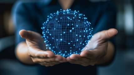 Poster - Global Network in Hands: A person gently cradles a digital globe, symbolizing connection, global reach, and the power of networks in a modern, tech-focused image.