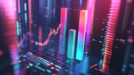 Poster - A D financial graph with rising bars and an upward trending line chart, with metallic textures and subtle lighting effects, floating in digital space