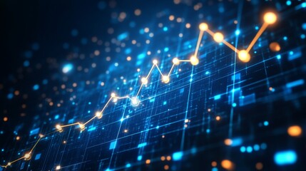 Fototapete - A D financial line graph with smooth, curving lines connecting glowing points, showing a steady upward trend against a dark digital landscape