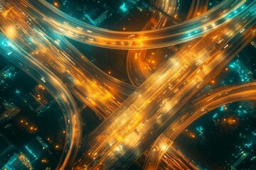 Wall Mural - Top view of Highway road junctions at night. The Intersecting freeway road overpass the eastern outer ring road of Bangkok, Thailand., Generative AI