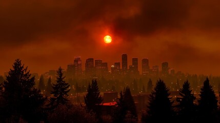 Poster - A city skyline shrouded in a thick, orange haze from wildfire smoke, with a glowing, red sun barely visible through the polluted atmosphere