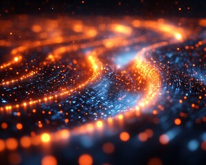 Abstract swirling orange and blue energy particles.