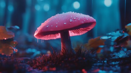Poster - A close-up of a small mushroom cap with glistening water droplets on a rainy day, surrounded by lush greenery for a fresh and vibrant feel