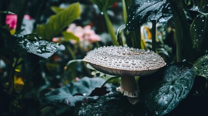 Poster - A close-up of a small mushroom cap with glistening water droplets on a rainy day, surrounded by lush greenery for a fresh and vibrant feel