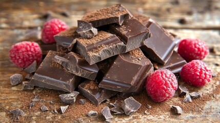 Poster - A close-up of rich, dark chocolate pieces scattered on a rustic wooden surface, with cocoa powder dusted around and a few chocolate shavings on top