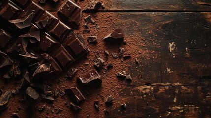 Poster - A close-up of rich, dark chocolate pieces scattered on a rustic wooden surface, with cocoa powder dusted around and a few chocolate shavings on top