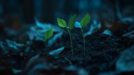 Aufkleber - A close-up of small green saplings growing in dark, rich soil, surrounded by fallen leaves, symbolizing the start of a reforestation effort
