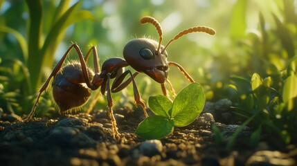 Poster - A close-up view of an ant carrying a tiny leaf, showcasing its intricate body structure and details, set against a blurred green background of grass