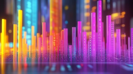 Poster - A colorful D bar chart with tall, gradient-colored bars rising from a digital financial dashboard, with numbers softly glowing in the background