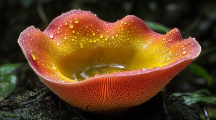 Poster - A colorful mushroom with bright orange and yellow hues, adorned with tiny water droplets, set against a rich, dark forest floor