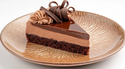 Poster - A delicious slice of chocolate cake with layers visible, topped with glossy chocolate frosting and decorative chocolate curls on a rustic plate