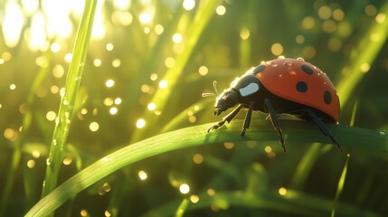 Aufkleber - A detailed image of a ladybug crawling on a green leaf, with droplets of water glistening in the sunlight, creating a fresh and natural atmosphere