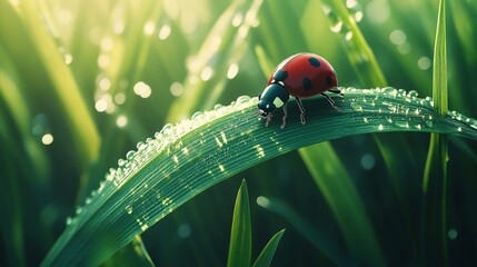 Aufkleber - A detailed image of a ladybug crawling on a green leaf, with droplets of water glistening in the sunlight, creating a fresh and natural atmosphere