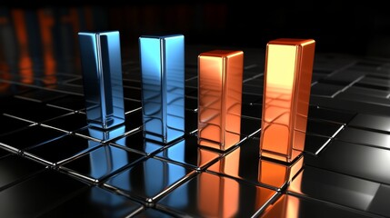 Aufkleber - A dynamic bar graph with tall, shiny bars in blue and orange, standing on a reflective grid, symbolizing financial success and economic performance