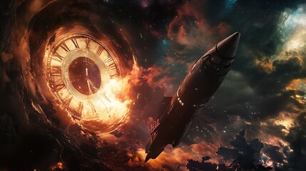 Poster - Rocket speeds through a vibrant nebula, a fiery clock marking the passage of time.  Cosmic journey.