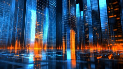 Aufkleber - A dynamic bar graph with tall, shiny bars in blue and orange, standing on a reflective grid, symbolizing financial success and economic performance