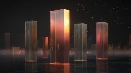 Aufkleber - A financial bar chart with translucent bars in ascending order, placed on a dark, sleek background with glowing data points floating around