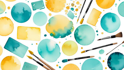 Wall Mural - background hand painted watercolor card bisness turquoise yellow abstract texture water colours paper summer design illustration pattern vintage white blue