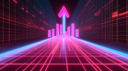 Poster - A futuristic D bar chart with tall, glowing columns and an upward trending arrow, hovering over a dark digital background filled with grid patterns