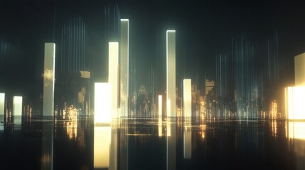 Fototapete - A futuristic financial bar chart with glowing bars in metallic tones, displayed on a reflective surface with subtle digital elements in the background