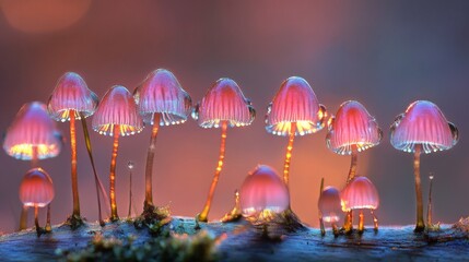 Poster - A group of mushrooms on a log, each topped with glistening dew droplets, captured in soft morning light filtering through the trees