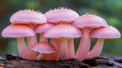 Poster - A group of mushrooms on a log, each topped with glistening dew droplets, captured in soft morning light filtering through the trees