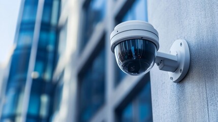 Poster - A high-angle shot of a modern white CCTV camera mounted on a gray concrete wall, blending into the urban environment with clean, sharp lines