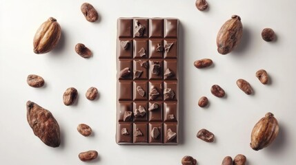Poster - A high-angle view of a chocolate bar broken into pieces, with whole cocoa beans and cocoa pods artfully placed around it for contrast