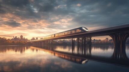 Poster - A high-speed train crossing a bridge over a river, with a reflection of the train visible in the water, emphasizing its speed and modern design