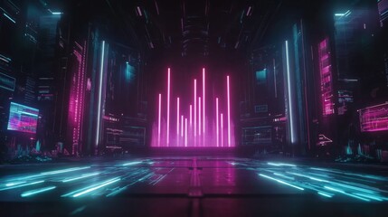 Leinwandbilder - A high-tech D bar chart with luminous bars arranged in a smooth, upward trend, set against a dark, futuristic financial dashboard