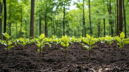 Aufkleber - A lush forest clearing with freshly planted saplings surrounded by older trees, showcasing the progress of reforestation in a natural environment