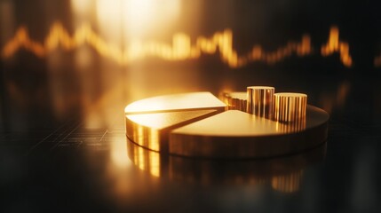 Fototapete - A minimalist D pie chart with segmented pieces floating above a reflective surface, bathed in soft, glowing light to emphasize financial distribution